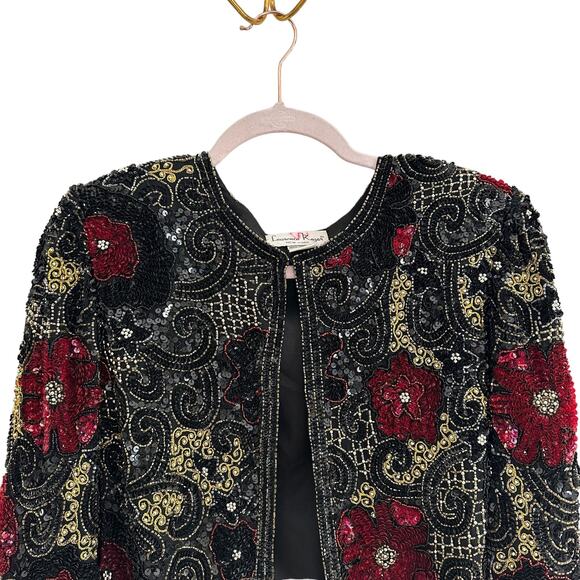 Vintage 90s Laurence Kazar New York Boho Floral Sequence Crop Jacket Rare - Picture 8 of 13